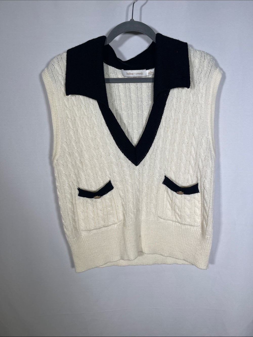 BISHOP + YOUNG WOMENS CREAM CABLE KNIT WOOL BLEND SWEATER VEST LARGE